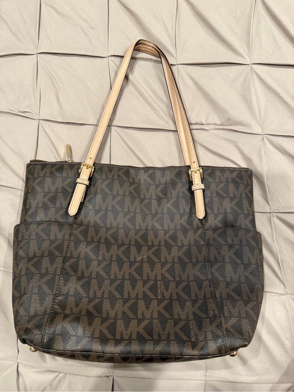 Michael Kors Dark Brown MK Logo Tote with Beige Straps